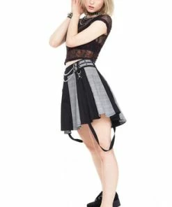 Jawbreaker Houndstooth Check Half & Half Bondage Skirt -GOTHIC SKIRTS Shop Houndstooth Check Half Half Bondage Skirt Jawbreaker 4 300x
