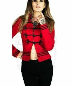 Dr Faust Black Military Swirl Braid Red Short Cotton Jacket - Fiorenza