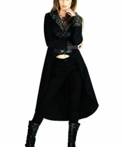 Dr Faust Brocade Silver Details Long Black Cotton Coat - Matilda