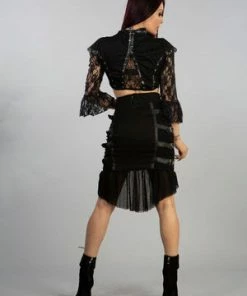 Burleska Cecillia Knee Length Skirt In Black Twill And Fishnet Panels -GOTHIC SKIRTS Shop cecillia knee length skirt in black twill and fishnet panels burleska 2 300x