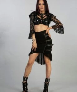 Burleska Cecillia Knee Length Skirt In Black Twill And Fishnet Panels -GOTHIC SKIRTS Shop cecillia knee length skirt in black twill and fishnet panels burleska 3 300x