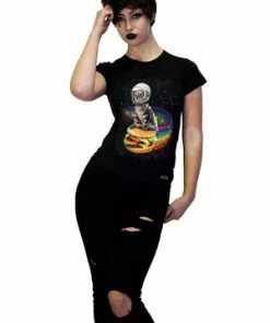Dr Faust Cheezburger Astronaut Cat Black T-Shirt - Kaylin
