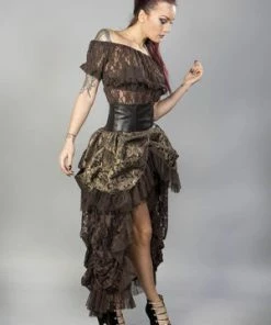 Burleska Elvira Long Gothic Victorian Skirt In Brown Gold Scroll And Coffee Matte -GOTHIC SKIRTS Shop elvira long gothic victorian skirt in brown gold scroll and coffee matte burleska 3 300x