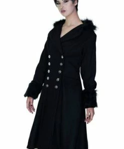 Dr Faust Faux Fur Cuffs Silver Buttons Black Wool Coat - Dominique