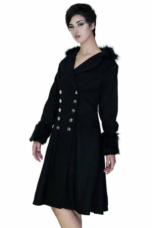 Dr Faust Faux Fur Cuffs Silver Buttons Black Wool Coat - Dominique 3 Dr Faust Faux Fur Cuffs Silver Buttons Black Wool Coat - Dominique