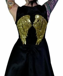 Dr Faust Gold Sequin Wings Black Silk Mini Dress - Hope -GOTHIC SKIRTS Shop gold sequin wings black silk mini dress hope dr faust 2 300x