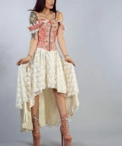 Burleska Gypsy High Low Victorian Corset Dress In Coral Cream Jacquard -GOTHIC SKIRTS Shop gypsy high low victorian corset dress in coral cream jacquard burleska 3 300x