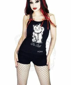 Dr Faust Japanese Out Of Luck Cat Women's Black Vest - Erika
