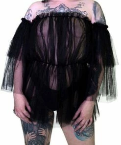 Dr Faust Lace Bardot Black Sheer Mini Dress - Wilhelmina