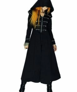 Dr Faust Long Hooded Designer Black Cotton Coat - Azalea