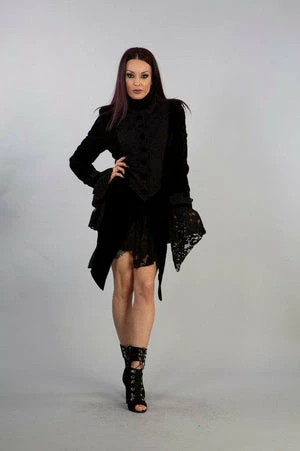 Burleska Maureen Ladies Jacket In Black Velvet Flock -GOTHIC SKIRTS Shop maureen ladies jacket in black velvet flock