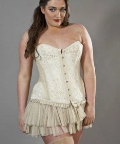 Burleska Petra Overbust Plus Size Corset In Cream Taffeta & Cream Lace Overlay