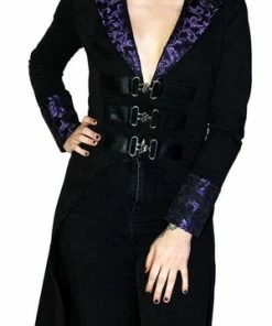 Dr Faust Purple Brocade Long Black Cotton Coat - Matilda