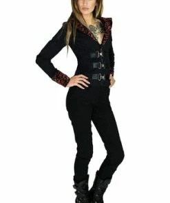 Dr Faust Red Brocade Details Short Black Cotton Jacket - Acantha