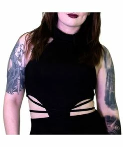 Dr Faust Seductive Black Stripes Black Midi Dress - Ruth -GOTHIC SKIRTS Shop seductive black stripes black midi dress ruth dr faust 4 300x