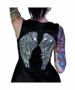 Dr Faust Silver Sequin Wings Black Silk Mini Dress - Hope -GOTHIC SKIRTS Shop silver sequin wings black silk mini dress hope dr faust 3 300x