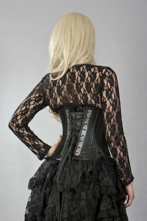 Burleska Vintage Underbust Corset In Black Matte Vinyl & Scroll Brocade Panels - Image 2