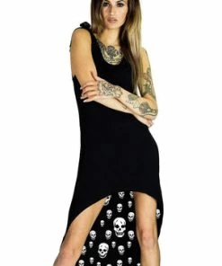Dr Faust White Inner Skulls Nu Goth Black High-Low Dress - Raven